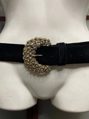 A Brod Vintage 80s Large Black Leather Suede Statement Belt Gold Cluster Buckle